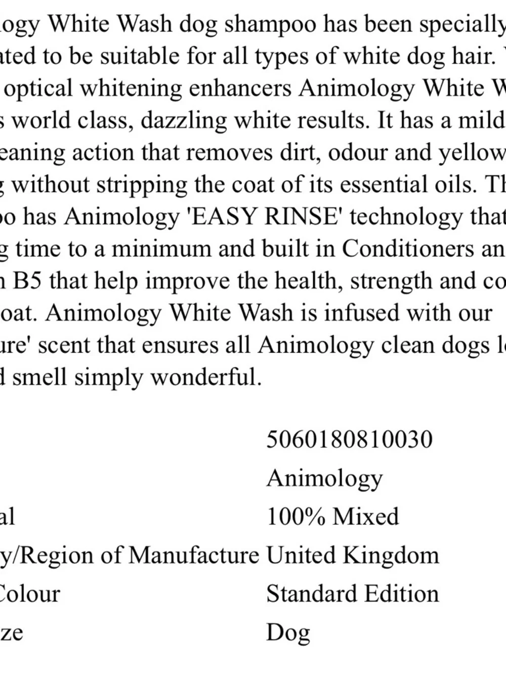 Animology White Wash White Dog Shampoo - Black Tube